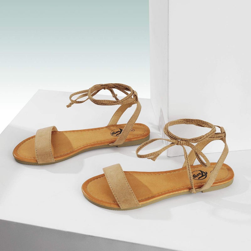 Trary Brown Lace Up Ankle Strap Sandals for Women Flat 05 - Image 2